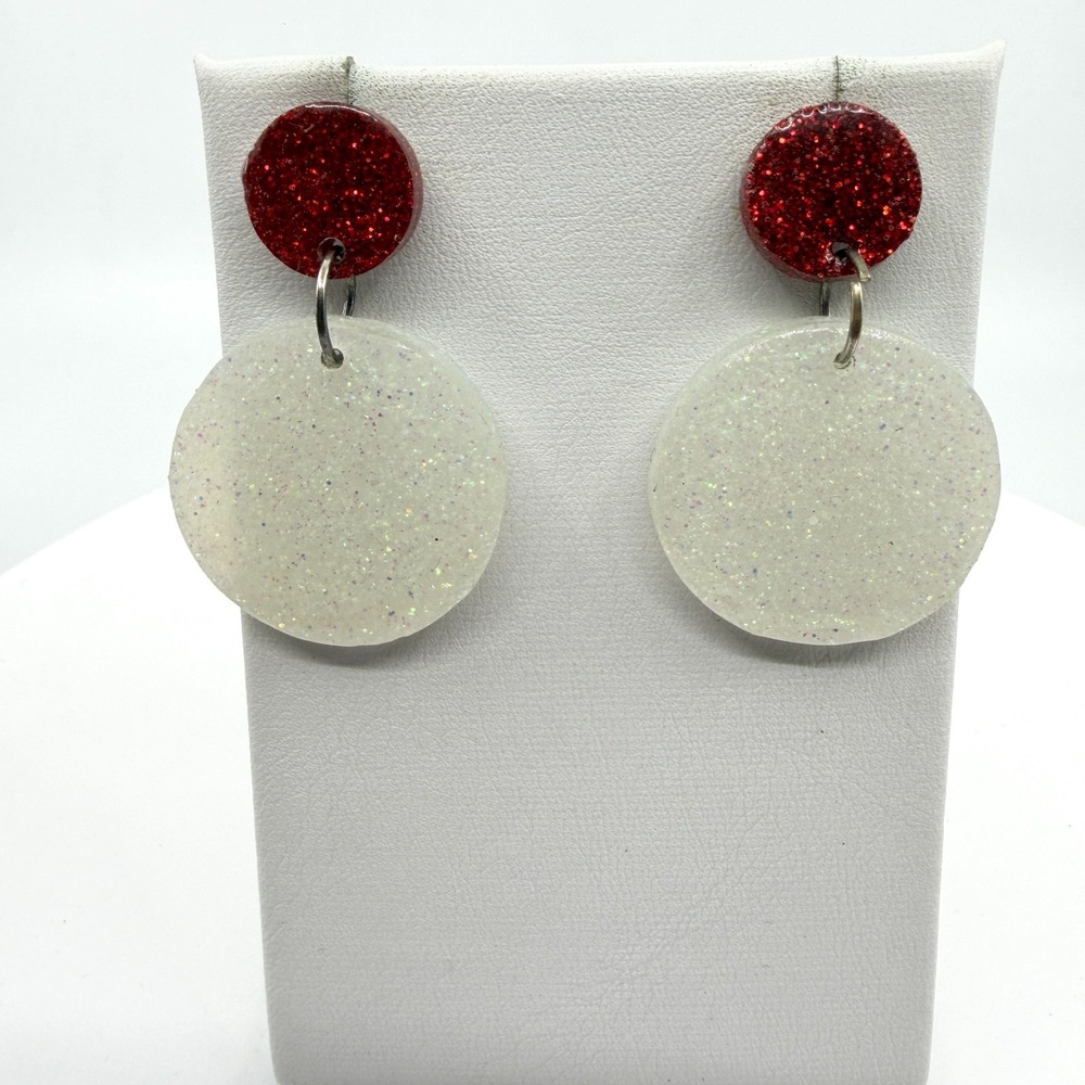 Red Glitter Stud Iridescent White Glitter Disc Dangle Earrings Festive Accessory